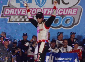 Brad Keselowski celebrates after winning the Friday night's NASCAR Nationwide Series race at Charlotte Motor Speedway.  Photo by Jerry Markland/Getty Images for NASCAR