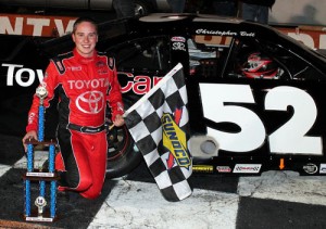 In just his second career Asphalt Late Model start, Christopher Bell powered to his first career victory in Saturday night's PASS South Super Late Model feature at Orange County Speedway.  Photo by Laura / LWpictures.com
