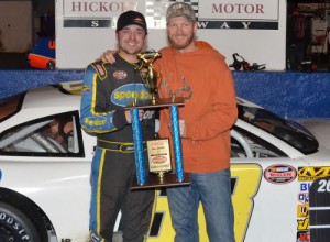 Josh Berry celebrates with JR Motorsports team owner Dale Earnhardt, Jr. after winning Saturday night's Fall Brawl 150 at Hickory Motor Speedway.  Photo by Sherri Stearns