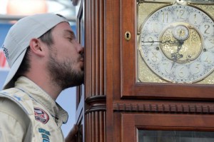 Lee Pulliam earned one of most coveted trophies in racing - a Martinsville Speedway grandfather clock - by scoring his second victory in the MDCU 300 for Late Model Stocks Sunday at the Martinsville, VA track.  Photo by Sara Davis/NASCAR