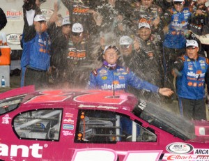 Spencer Gallagher celebrates with his team in victory lane after scoring the win in the ARCA season finale at Kansas Speedway Friday.  Photo courtesy ARCA Media