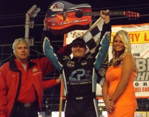 Willie Allen survived a wild night of racing at Fairgrounds Speedway Nashville to score the Pro Late Model victory Saturday night.  Photo by Steve Brown