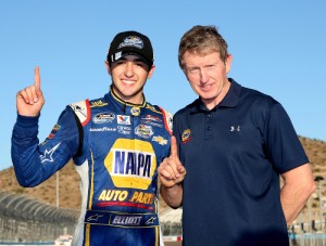 Chase Elliott celebrates with his father Bill after winning the NASCAR Nationwide Series Championship following his fifth place finish in Saturday's race at Phoenix International Raceway.  Photo by Todd Warshaw/NASCAR via Getty Images