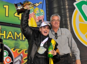 Erica Enders-Stevens became the first woman to win an NHRA Pro Stock Championship in Sunday's Mello Yello Drag Racing Series season finale at Pomona.  Photo courtesy NHRA