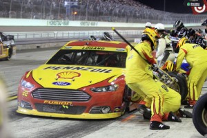 Joey Logano saw his chance at winning the NASCAR Sprint Cup Series championship come to an end with a bad pit stop late in the running of Sunday night's season finale at Homestead-Miami Speedway.  Photo by Jerry Markland/Getty Images