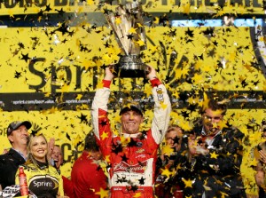 Kevin Harvick celebrates in Victory Lane after winning the NASCAR Sprint Cup Series season finale and the series championship Sunday night at Homestead-Miami Speedway.  Photo by Chris Graythen/Getty Images
