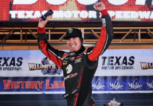 Kyle Busch celebrates after winning Friday night's NASCAR Camping World Truck Series race at Texas Motor Speedway.  Photo by Chris Graythen/Getty Images for Texas Motor Speedway