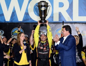 Matt Crafton celebrates winning the Camping World Truck series championship Friday night at Homestead-Miami Speedway.  Photo by Todd Warshaw/Getty Images for NASCAR