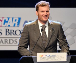 Dale Earnhardt, Jr. smiles after winning the Myers Brothers Award for 2014 onstage Thursday at the Encore Las Vegas in Las Vegas, Nevada.  Photo by David Becker/NASCAR via Getty Images