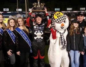 John Hunter Nemechek celebrates in victory lane after scoring the victory in the 47th annual Snowball Derby Sunday at 5 Flags Speedway.  Photo by Matt Weaver