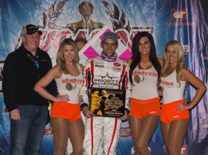 Bryan Clauson, the 2014 Chili Bowl Nationals winner, led wire-to-wire to score the A-Feature victory in Friday's qualifying race, advancing him to Saturday's finals.  Photo by Pat Grant