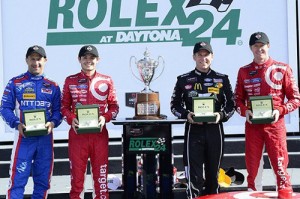 Tony Kanaan, Kyle Larson, Jamie McMurry and Scott Dixon (left to right) put Ganassi Racing into victory lane Sunday afternoon in the Rolex 24 at Daytona International Speedway.  Photo by Richard Dole LAT Photo USA for IMSA