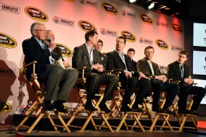 Team owner Joe Gibbs (left) speaks with members of the media during Monday's NASCAR Sprint Media Tour in Charlotte.  He was joined by, pictured left to right, drivers Denny Hamlin, Kyle Busch, Matt Kenseth and Carl Edwards.  Photo by Jared C. Tilton/NASCAR via Getty Images