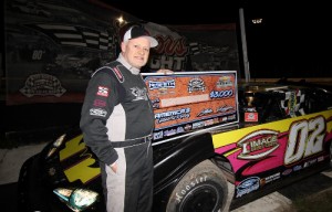 Keith Nosbisch celebrates his fifth career NeSmith Late Model win and his first in seven years on Friday night at Bubba Raceway Park.  Photo by PhotosByTrace.com