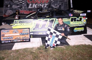 Max Blair celebrates his NeSmith Late Model win on Thursday night in the Rock Auto.com Winternationals at Bubba Raceway Park.  Photo by PhotosByTrace.com