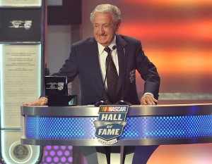 Rex White speaks after being inducted as a member of the Class of 2015 into the NASCAR Hall of Fame in Charlotte Friday night.  Photo by Lance King/Getty Images