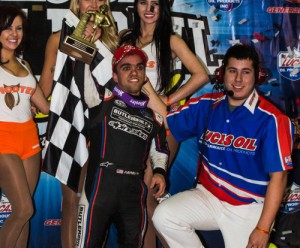 Rico Abreu celebrates in Victory Lane after scoring his first career Chili Bowl Nationals victory Saturday night.  Photo by Mike Spivey