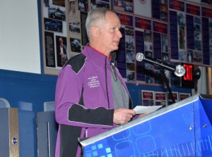 Ronnie Johnson addresses the crowd as the The 2014 NeSmith Late Model and Chevy Super Series National Champion at the annual NeSmith Racing Awards Banquet on Saturday night at the Georgia Racing Hall of Fame.  Photo by Mitchell Jenkins