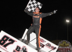 Aaron Reutzel celebrates in victory lane after a last lap pass gave him the win in the Lucas Oil ASCS Sprint Car feature Thursday night at East Bay Raceway Park.  Photo courtesy EBRP Media
