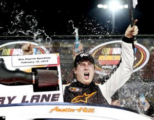 Austin Hill celebrates in victory lane after winning Sunday night's NASCAR K&N Pro Series East season opener at New Smyrna Speedway.  Photo by Getty Images for NASCAR