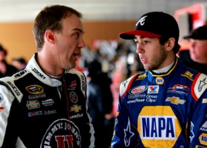 Chase Elliott (right) talks with Kevin Harvick (left) in the garage during NASCAR Xfinity Series practice Friday at Atlanta Motor Speedway.  Photo by Jerry Markland/Getty Images for NASCAR
