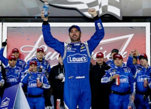 Jimmie Johnson scored the win in the second Budweiser Duel at Daytona Thursday night.  Photo by Jeff Zelevansky/NASCAR via Getty Images
