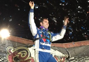 Josh Richards celebrates in victory lane after scoring his 50th career World of Outlaws Late Model Series victory Sunday night at Bubba Raceway Park.  Photo courtesy WoO LMS Media