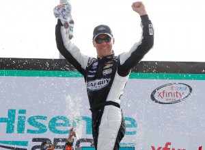 Kevin Harvick celebrates in victory lane after scoring the win in Saturday's NASCAR Xfinity Series Hisense 250 at Atlanta Motor Speedway.  Photo by Jerry Markland/Getty Images for NASCAR