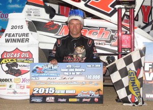Mark Smith topped the field to score the Lucas Oil American Sprint Car Series King of the 360’s win Saturday night at East Bay Raceway Park.  Photo by Mike Horne
