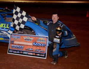 Rodgerick Dykes celebrates his first NeSmith Late Model career win on Sunday night at Golden Isles Speedway. Dykes became the fifth different NeSmith Late Model winner in the first five races of the 2015 season. Photo by Troy Bregy