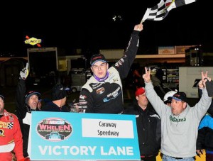 Andy Seuss celebrates after grabbing his first NASCAR Whelen Southern Modified Tour victory of the season Saturday night at Caraway Speedway.  Photo by Getty Images for NASCAR