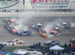 Several cars were caught up in this late race incident in turn four, including Greg Biffle (16), Clint Bowyer (15), Ricky Stenhouse, Jr. (17), Tony Stewart (14) and Regan Smith (41).  Photo by Jonathan Moore/Getty Images