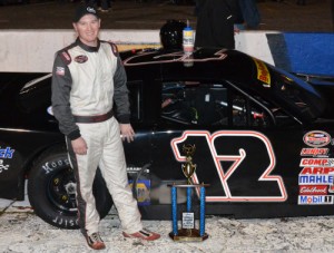 Two time Hickory Motor Speedway track champion Austin McDaniel opened the 2015 season in victory lane after scoring the Late Model Stock win in Saturday night's season opener.  Photo by Sherri Stearns