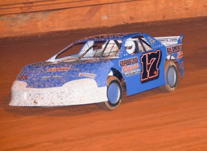 Chris Jones powered to the early lead and went on to score the Modified Street feature win Hartwell Speedway Saturday night.  Photo by Heather Rhoades