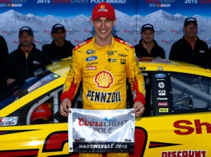 Joey Logano qualified on the pole for Sunday's NASCAR Sprint Cup Series STP 500 at Martinsville Speedway.  Photo by Jeff Zelevansky/NASCAR via Getty Images