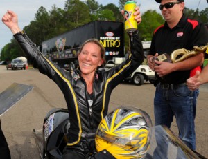 After being absent from the NHRA Mello Yello Drag Racing Series since 2012, Karen Stoffer came back in a big way with a victory in Pro Stock Motorcycle at the Gatornationals Sunday in Gainesville, FL.  Photo courtesy NHRA Media