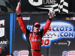 Kevin Harvick celebrates in Victory Lane after winning Saturday's NASCAR Xfinity Series race at Auto Club Speedway in Fontana, CA.  Photo by Jerry Markland/NASCAR via Getty Images