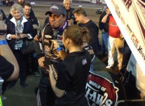Tim Kaeding is interviewed in victory lane after scoring the win in Friday night's World of Outlaws Sprint Car Series A-Main at Thunderbowl Raceway.  Photo courtesy WoO Media