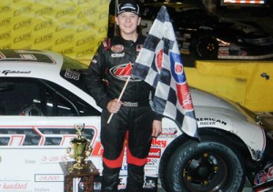 Todd Gilliland bumped his way past Deac McCaskill to win the CARS Racing Tour Late Model Stock feature.  Photo by Drew Hierwarter/MotorSportsPhoto.com