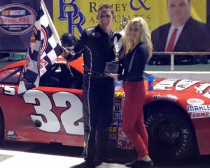 Trey Gibson made the trip to victory lane after scoring the Late Model Stock victory Saturday night at Greenville Pickens Speedway.  Photo courtesy GPS Media