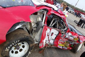 Will Kimmel's car suffered heavy damage in a crash that saw his racer careening out of the track, coming to rest in a parking lot.  Kimmel was uninjured in the accident.  Photo by Matt Weaver