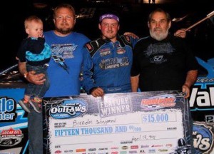 Brandon Sheppard pocketed a $15,000 payday Saturday night with the win in the Illini 100 for the World of Outlaws Late Model Series at Farmer City Raceway.  Photo courtesy Brandon Sheppard Racing