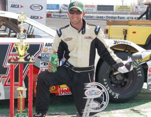Brian Campbell celebrates in victory lane after winning Saturday's ARCA/CRA Super Series race at Toledo Speedway.  Photo courtesy CRA Media
