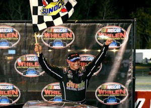Burt Myers celebrates winning the Pepsi 150 at Langley Speedway on Saturday night for his second consecutive win at the track.  Photo by Getty Images for NASCAR