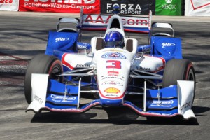 Helio Castroneves exits the hairpin turn during qualifications for the Toyota Grand Prix of Long Beach.  Photo by Richard Dowdy