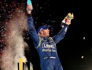 A late race pass gave Jimmie Johnson the NASCAR Sprint Cup Series victory Saturday night at Texas Motor Speedway.  Photo by Chris Graythen/Getty Images for Texas Motor Speedway