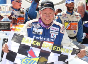 Ken Schrader celebrates in victory lane after winning Sunday's ARCA Racing Series race at Salem Speedway.  Photo courtesy ARCA Media