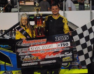 Kevin Leicht celebrates in victory lane after winning Saturday night's Southeast Super Truck feature at Anderson Motor Speedway.  Photo by Christy Kelley