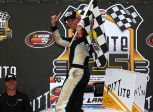 Kyle Benjamin celebrates his first career NASCAR K&N Pro Series East win at Bristol Motor Speedway on Saturday.  Photo by Getty Images for NASCAR