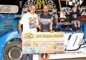 Kyle Bronson celebrates in victory lane after winning Saturday night's Scott Thompson Memorial Late Model feature at East Bay Raceway Park.  Photo courtesy EBRP Media